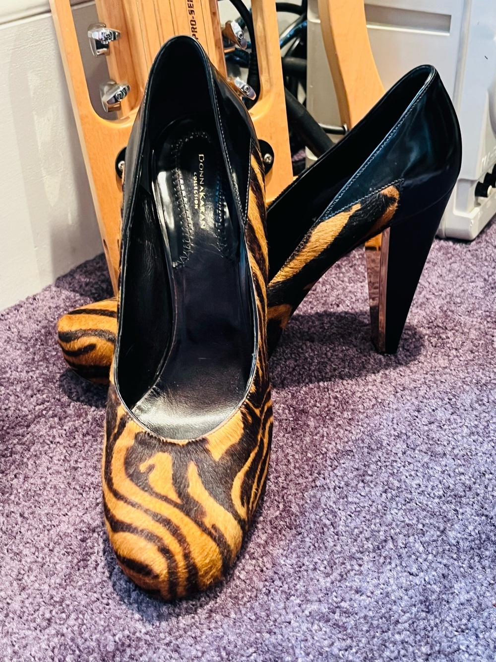 Donna Karan Black and Tan Pony Hair Tiger-Print High Heel Platform Pumps